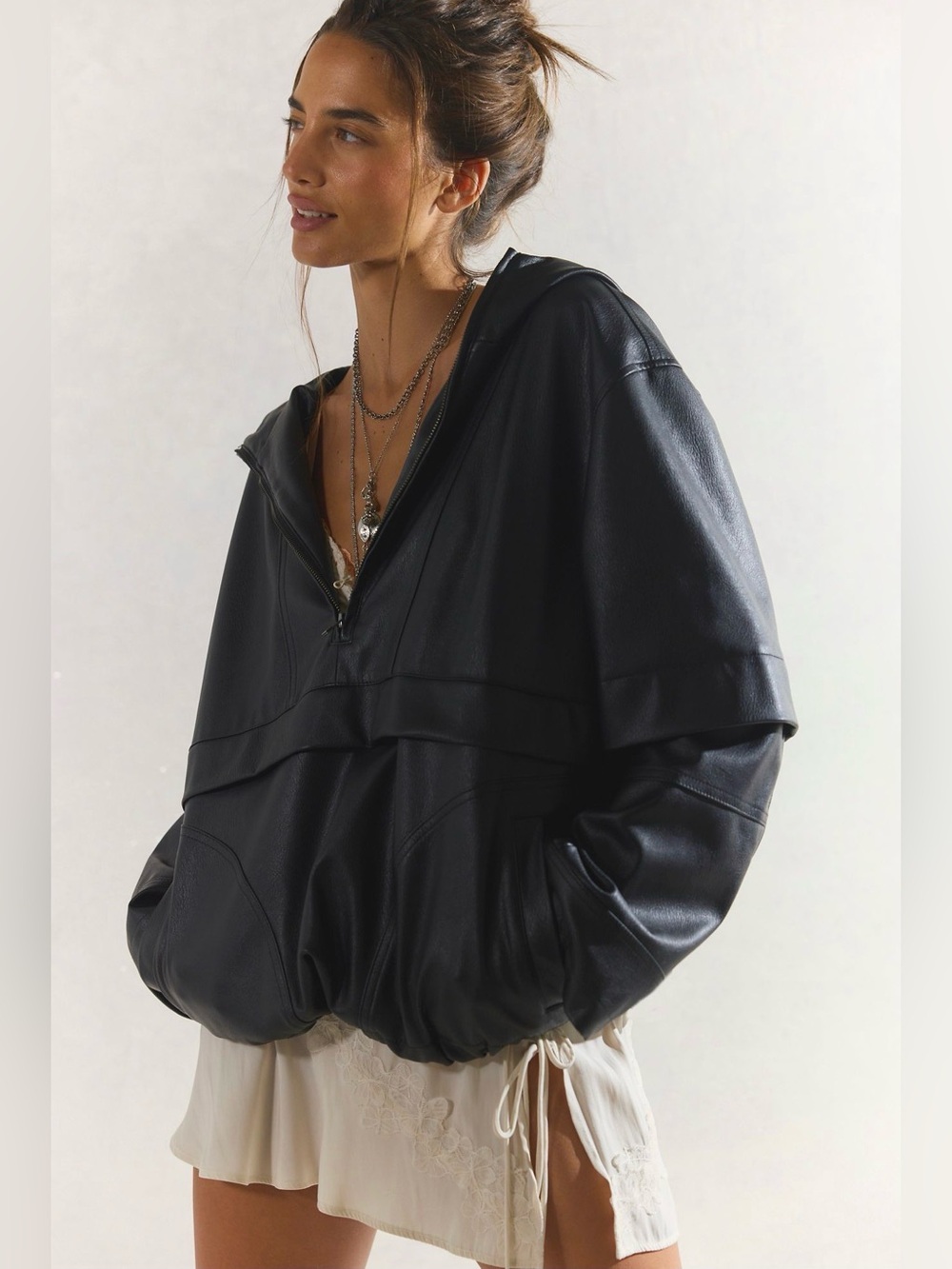 We The Free Black Hooded Faux Leather Pullover Windbreaker